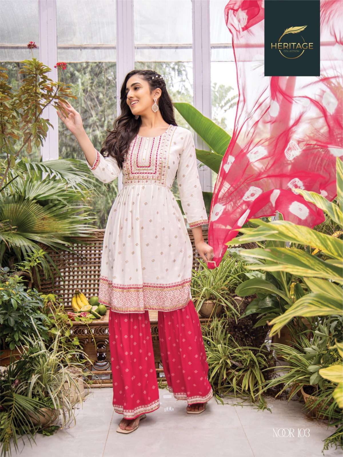 NOOR RAYON SLUB PRINTED SEQUENCE EMBROIDERY WORK SHARARA AND DYED CHIFFON DUPATTA BY HARITAGE BRAND 103